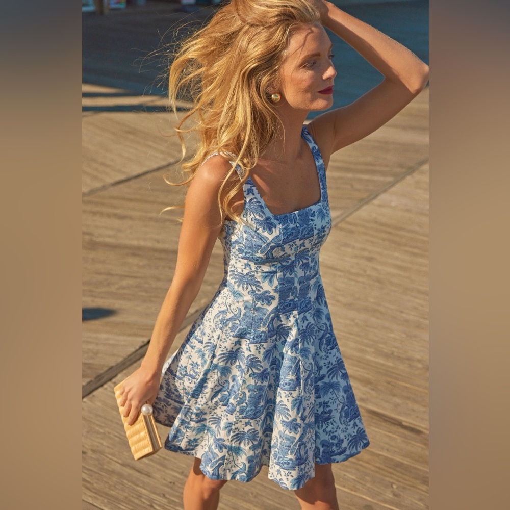 🌺🎉HP🎉🌺 NWT Staud Wells Mini Dress Blue Toile - Picture 2 of 16